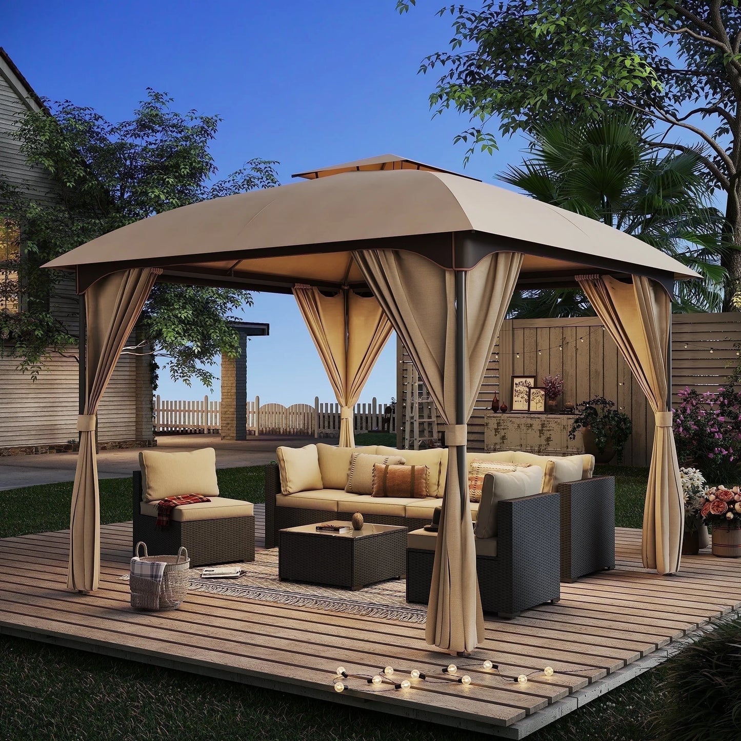 LAUSAINT HOME 10'x10' Patio Gazebo with Privacy Screens & Anchoring Kit, Outdoor Double Roof Metal Frame Gazebo in Khaki