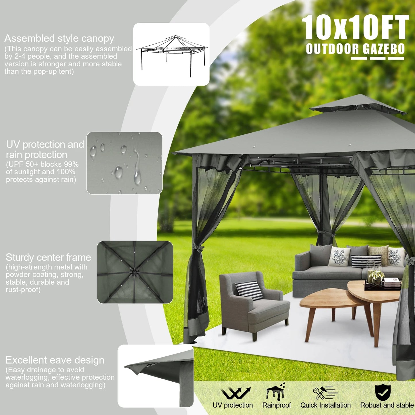 Hoteel 10'x 13' Metal Patio Gazebo, Outdoor Gazebo Canopy Tent for Backyard with Mosquito Netting, Gazebos Shelter with Steel Frame, Patio Covers for Shade and Rain, Khaki
