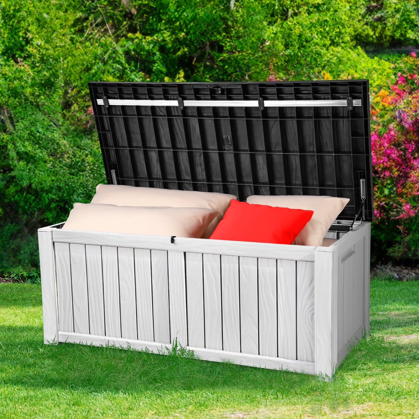Dextrus Outdoor Storage Deck Box 120 Gallon - Large Resin Patio Storage for Outdoor Pillows, Garden Tools and Pool Supplies - Waterproof and Lockable (Dark Grey)