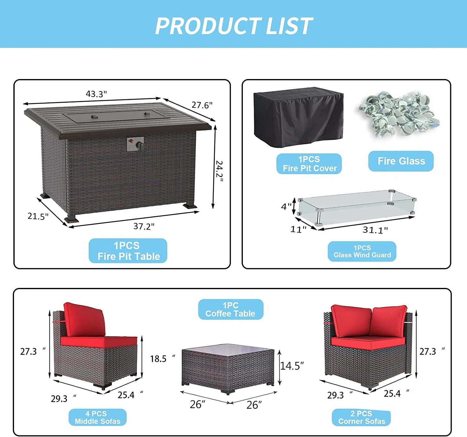 Gotland Outdoor Patio Furniture Set 8 Pieces Rattan Wicker Sectional Sofa with 43.3" Gas Fire Pit Table,Red
