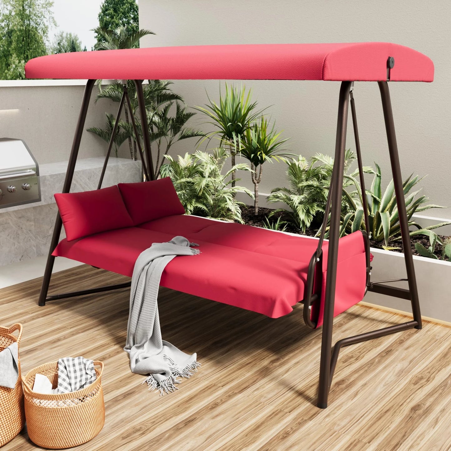 TQKVIPI Oversized 4 Person Outdoor Porch Swing with Adjustable Backrest Canopy,2-in-1 Swing Bed 800 lbs Capacity,Patio Swing with Removable Cushions for Yard Garden Poolside Balcony