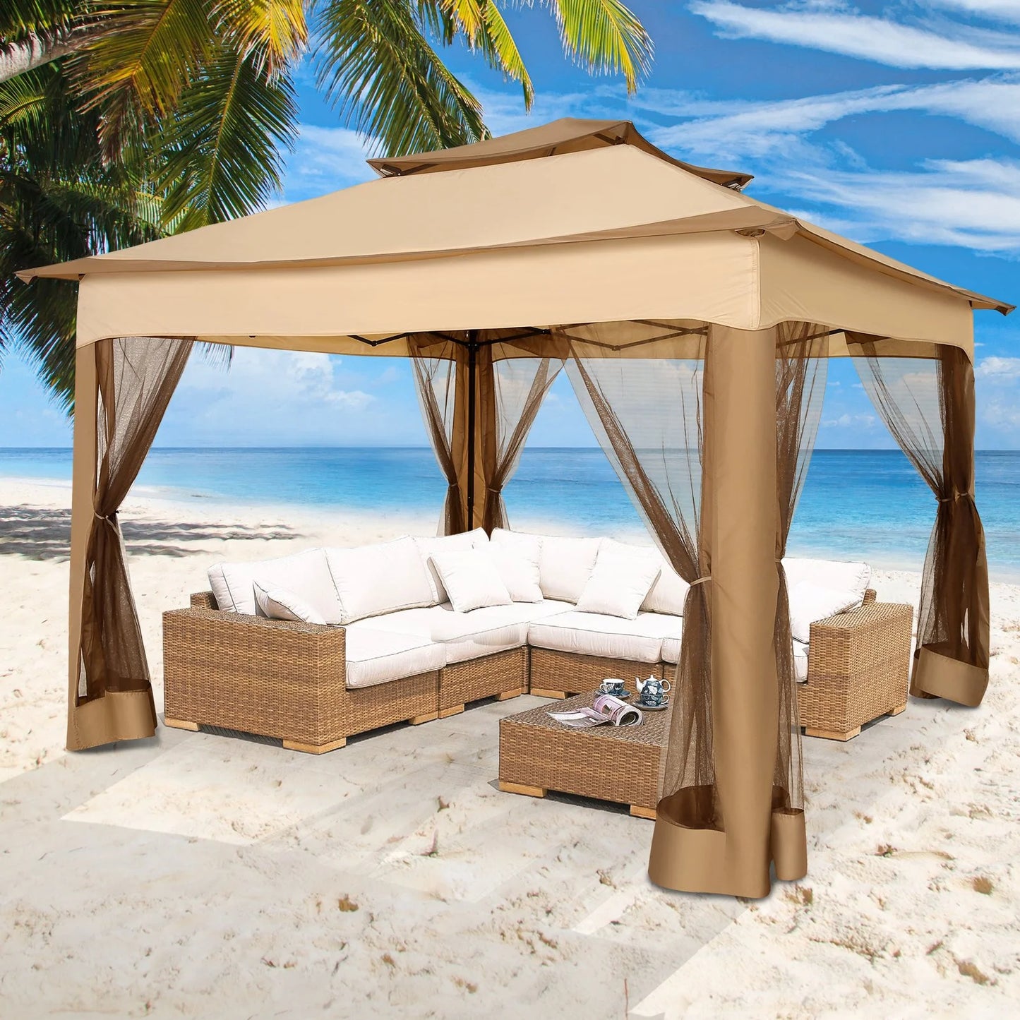 SANOPY 11 x 11 ft Outdoor Patio Gazebo with Ventilated Double Roof and Mosquito Net, Pop up Steel Canopy for Patios, Backyard, Garden and Beach