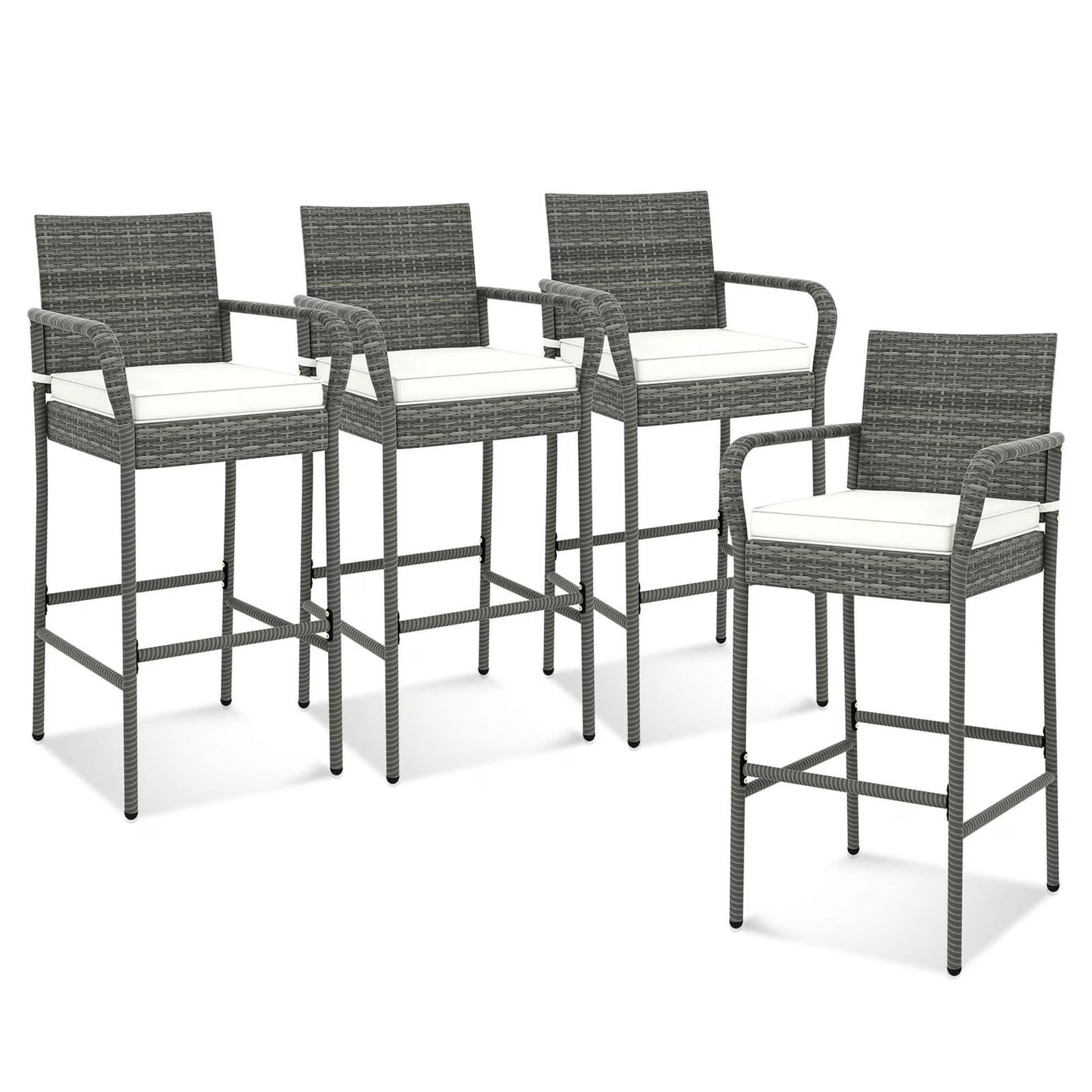 Costway Patio Wicker Barstools Set of 2 with Armrests & Soft Cushions Stable Metal Frame