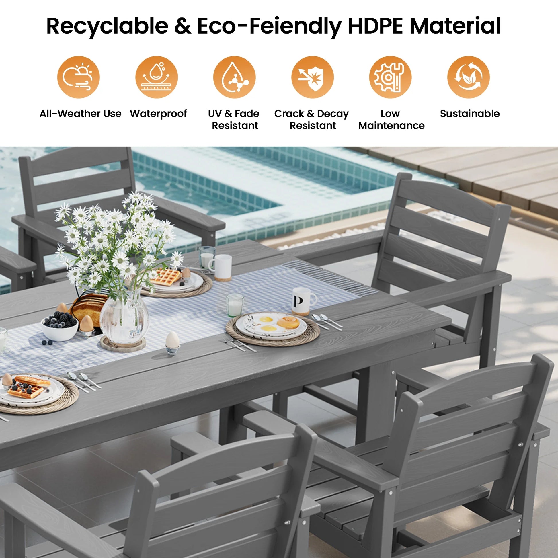 KINGYES 7-Piece Outdoor Dining Set, HDPE Patio Table and Chairs with Umbrella Hole, Gray