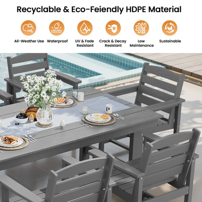 KINGYES 7-Piece Outdoor Dining Set, HDPE Patio Table and Chairs with Umbrella Hole, Gray