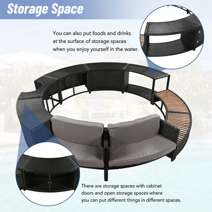 Round Hot Tub Surround Furniture, Spa Surround Outdoor Rattan Sectional Sofa Set with Mini Sofa, Solid Acacia Wood Hot Tub Storage Surround Patio Furniture Set, Gray Cushion