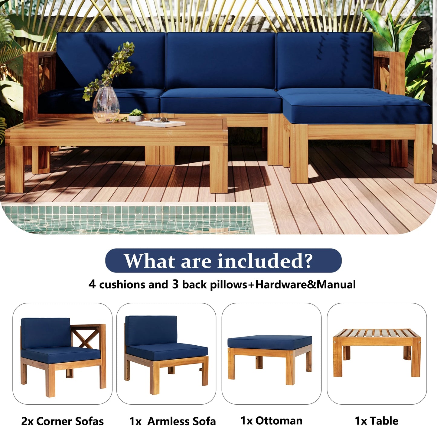 Harper & Bright Designs Outdoor Wooden Seating Group with Table, Patio Conversation Sectional Sofa Set with Waterproof Cushions for Backyard Poolside, Natural