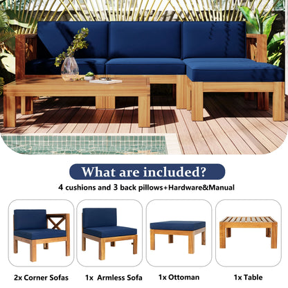 Harper & Bright Designs Outdoor Wooden Seating Group with Table, Patio Conversation Sectional Sofa Set with Waterproof Cushions for Backyard Poolside, Natural