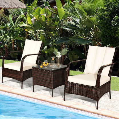 Gymax 3PCS Patio Outdoor Rattan Conversation Set Furniture Set w/Table Cushions
