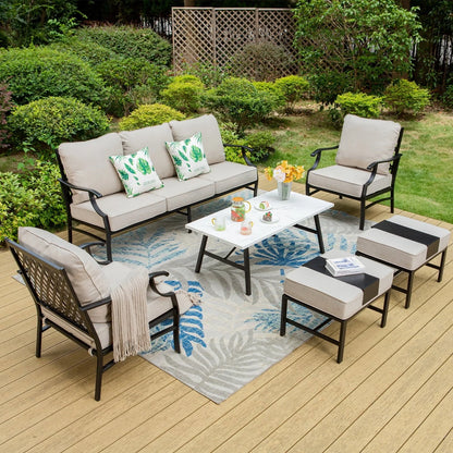MF Studio 7-Seat Patio Conversation Set Metal Outdoor Furniture Sofa Set for 7 Person Beige
