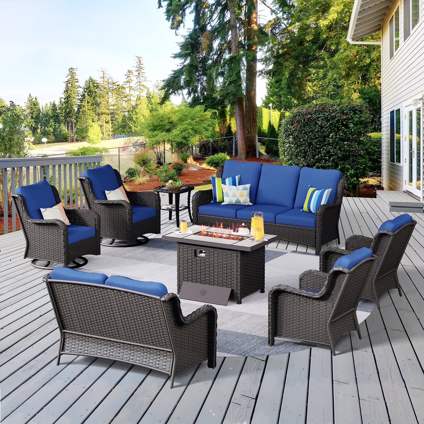 Vcatnet 8 Pieces Outdoor Patio Furniture Sectional Sofa All-weather Conversation Set with Swivel Rocking Chairs and Fire Pit Table for Garden,Poolside,Gray