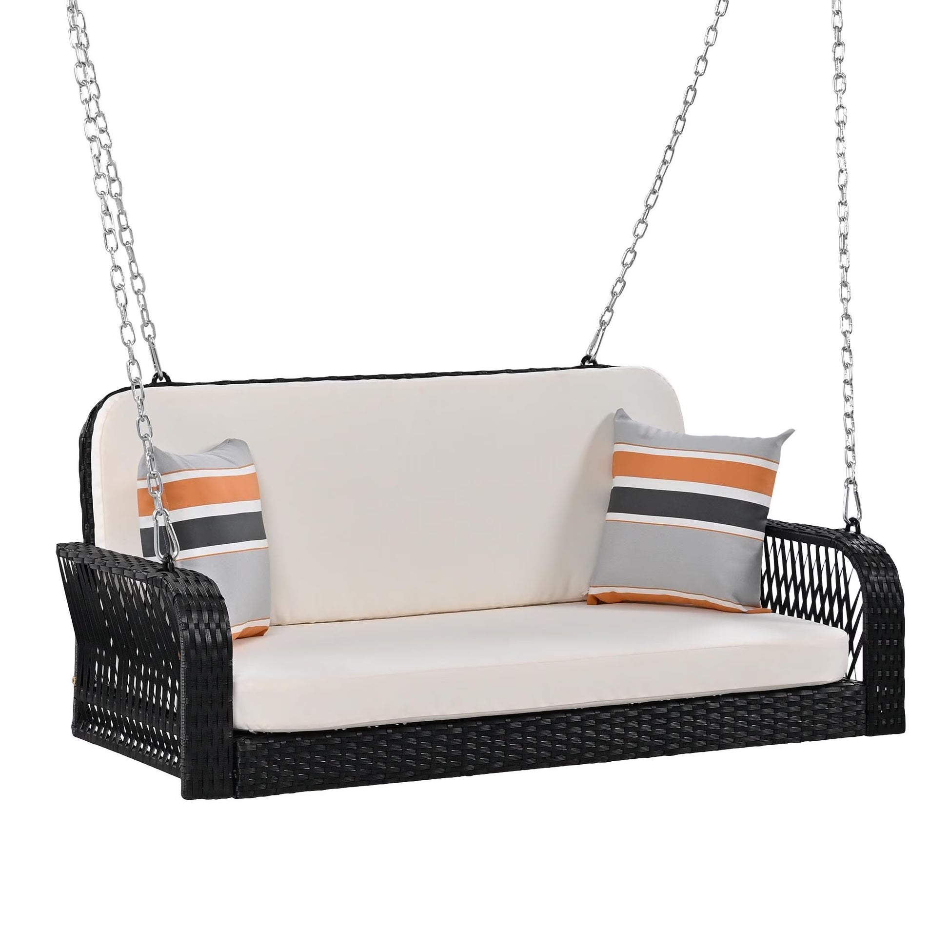 SEGMART 2 Person Wicker Hanging Swing Bench, Front Porch Swing Outdoor Chair with Cushion and Pillow, Patio Furniture Swing for Deck, Backyard, Garden, Gray