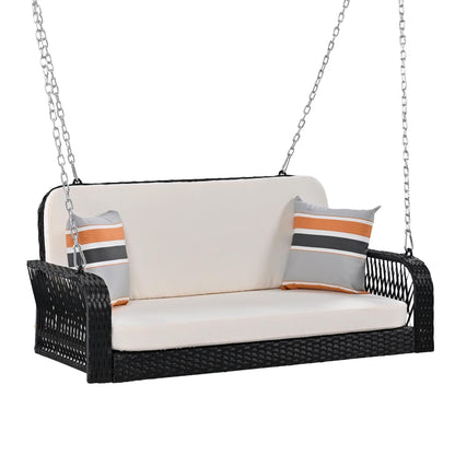 SEGMART 2 Person Wicker Hanging Swing Bench, Front Porch Swing Outdoor Chair with Cushion and Pillow, Patio Furniture Swing for Deck, Backyard, Garden, Gray
