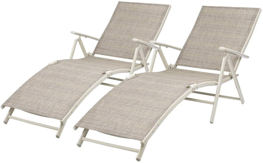 Devoko Patio Outdoor Chaise Lounge Chairs Pool Side Textilene Folding Recliner Adjustable Lounge Chair Set of 2, Beige