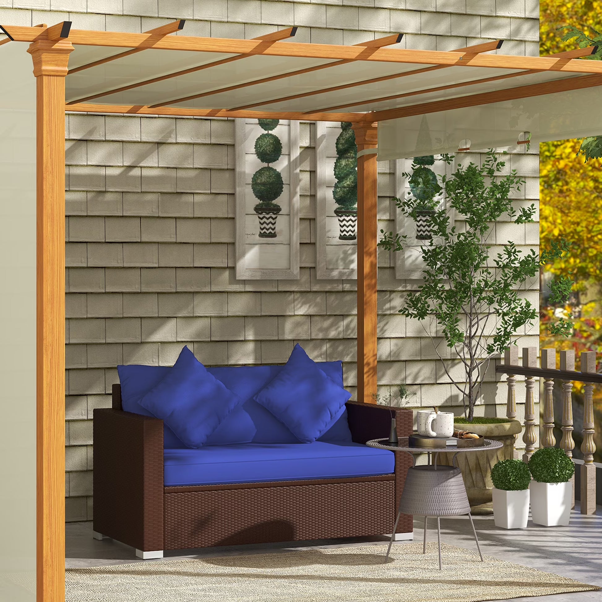 Outsunny Outdoor Wicker Loveseat, Patio Furniture Couch with Cushions, 2 Seats PE Rattan Sofa, 2 Throw Pillows for Porch, Backyard, Pool, Beige