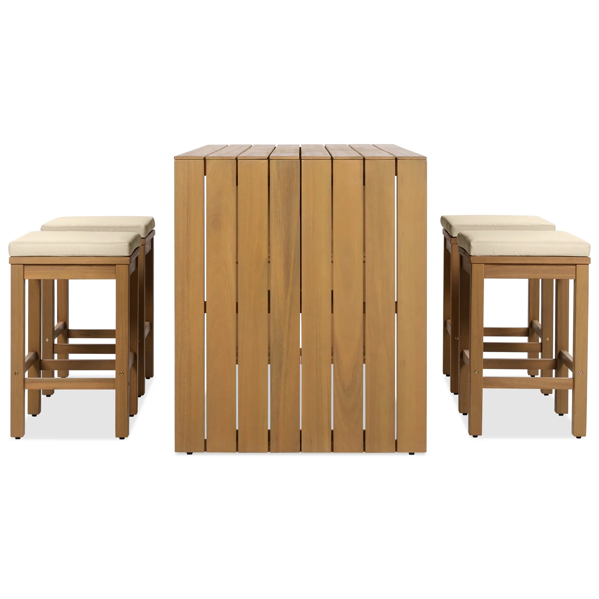 Kumix 5 Piece Outdoor Bar Set, Patio Acacia Wood Bar Height Table & Four Stools with Cushions, Wood Dining Bar Set for Backyard, Poolside, Balcony, Beige