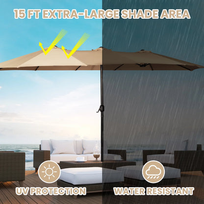 Sun-Ray 9'x15' Steel Triple Canopy Umbrella, Taupe - Outdoor Patio Umbrella with Base, UV Protection & Wind-Resistant, Large Rectangular Shade for Garden, Poolside, Deck, and Backyard