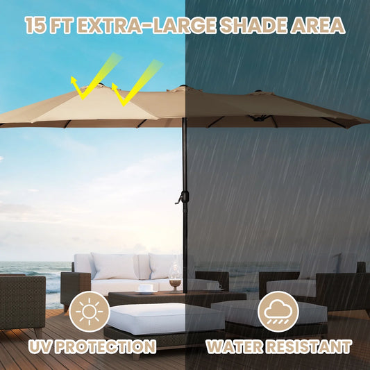 Sun-Ray 9'x15' Steel Triple Canopy Umbrella, Taupe - Outdoor Patio Umbrella with Base, UV Protection & Wind-Resistant, Large Rectangular Shade for Garden, Poolside, Deck, and Backyard