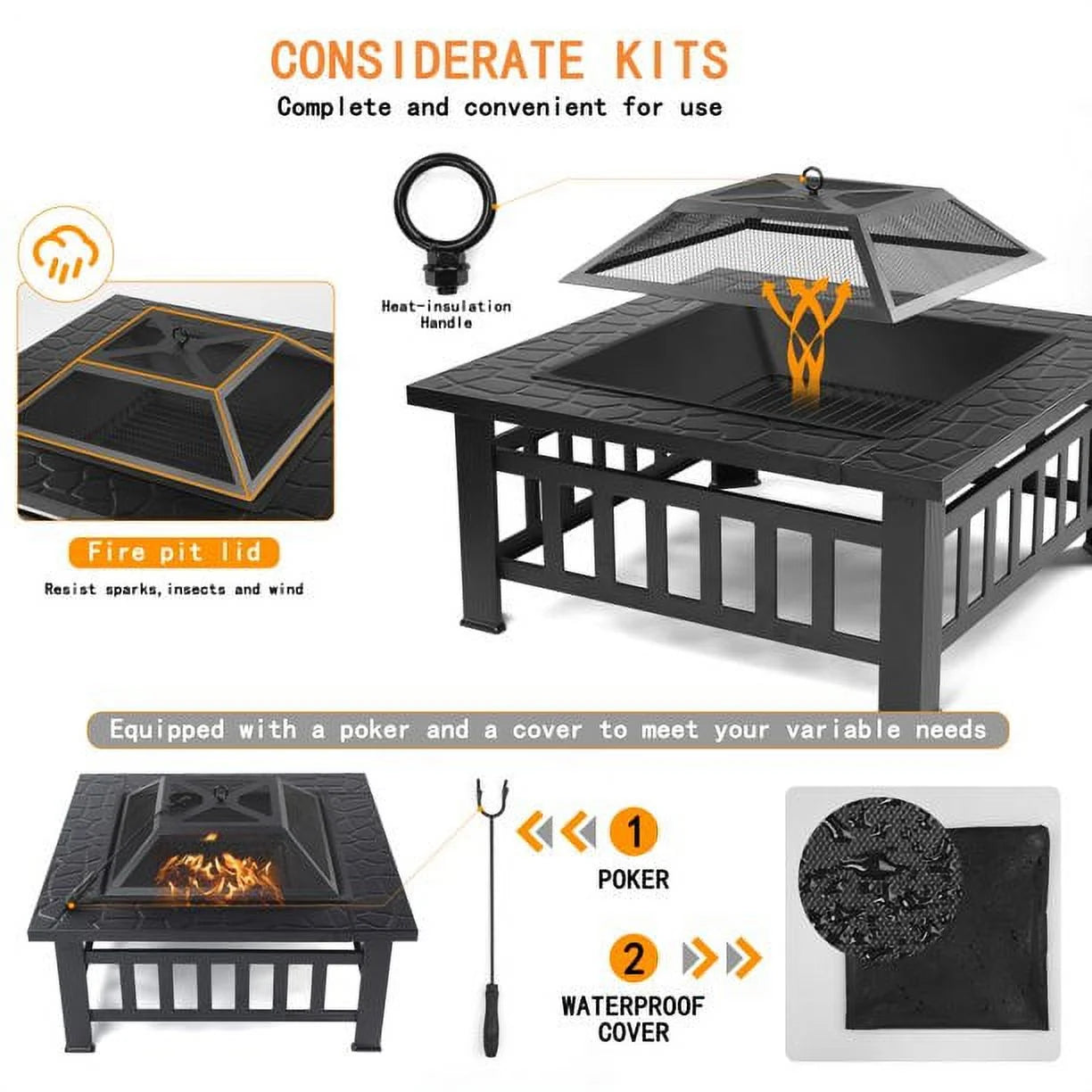 Fire Pits for Outside, DFITO 32" Wood Burning Fire Pit Tables with Screen Lid, Poker, Outdoor Fire Pit Patio Set, Patio Garden Stove Fire Pit/Ice Pit/BBQ Fire Pit, Black, GJ131