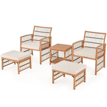 Resenkos 5 Piece Patio Wicker Sofa Set, Small Patio Conversation Furniture Set with Seat and Back Cushions-Natural