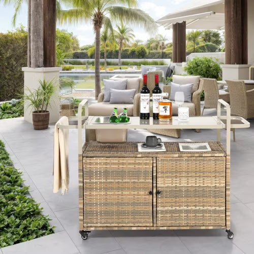 Yiweny Outdoor Rolling Wicker Bar Cart, Large Portable Outdoor Wicker Bar Table with Cabinet Storage and Glass Countertop, Patio Wicker Serving Bar Cart for Pool, Party, Backyard, Black