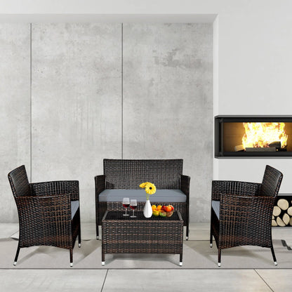 Gymax 4PCS Patio Rattan Conversation Furniture Set Outdoor w/Gray Cushion
