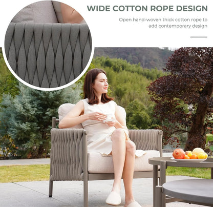 Grand Patio 5-Piece Furniture Set, Cotton Rope Outdoor Conversation Set with Deep Seating, Thick Cushions, Water-Resistant, 2 Coffee Tables, Backyard/Porch