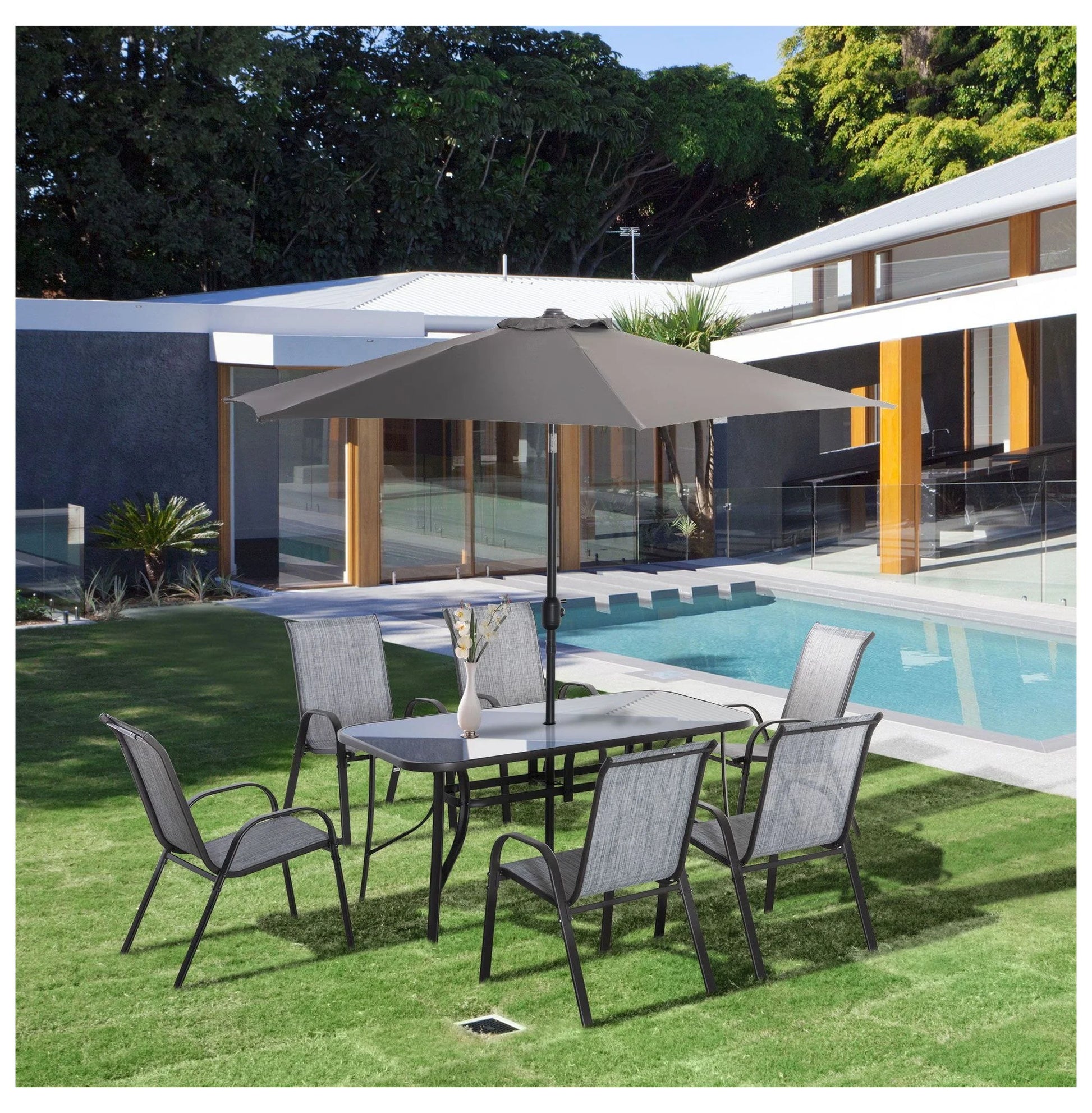 8-Piece Outdoor Dining Set with Umbrella, Patio Table and Chairs, Fast-Dry Fabric, 6 Chairs, Grey