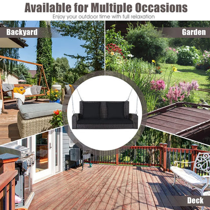 Yardi Yard 2-Person Patio Rattan Porch Swing with Cushions-Black, Porch Swing Hanging Bench, Wicker Outdoor Swing Bench with Cushion and Pillow for Patio, Yard, Garden