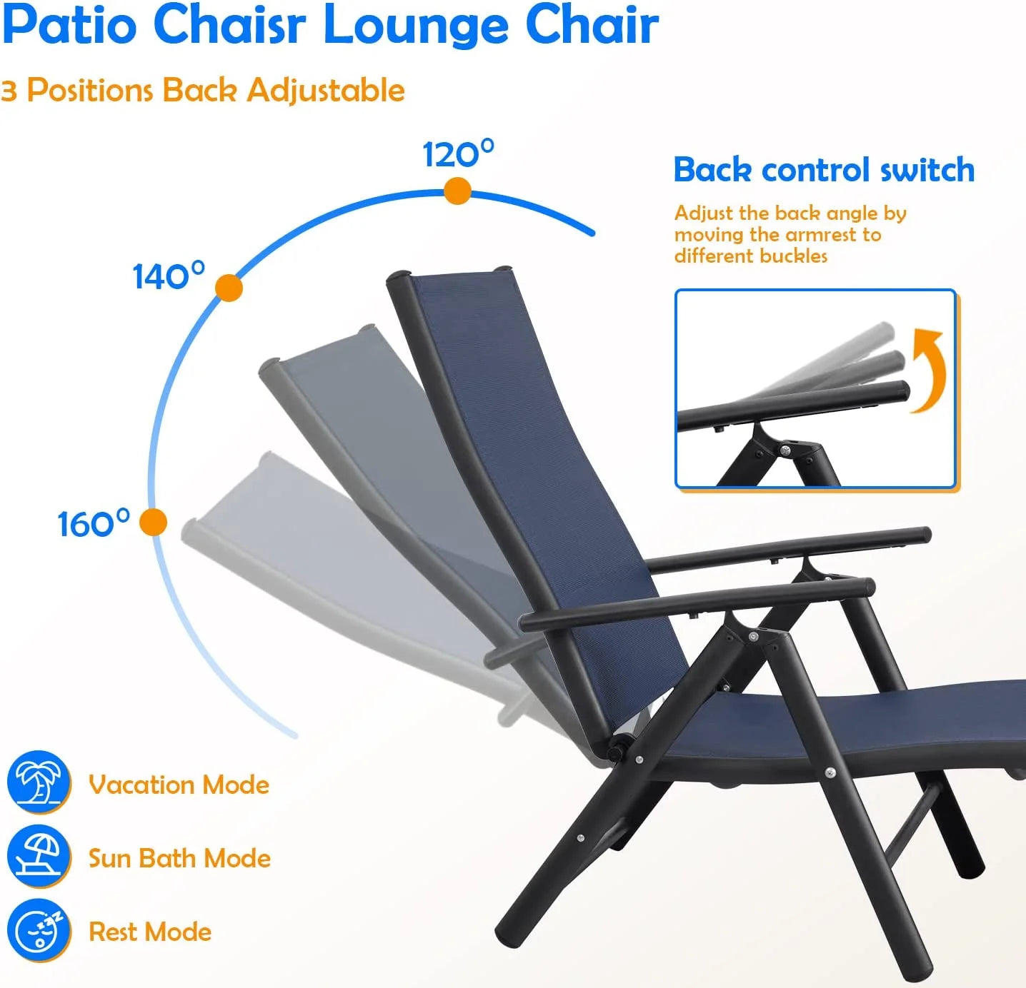 Devoko Patio Outdoor Chaise Lounge Chairs Pool Side Textilene Folding Recliner Adjustable Lounge Chair Set of 2, Beige