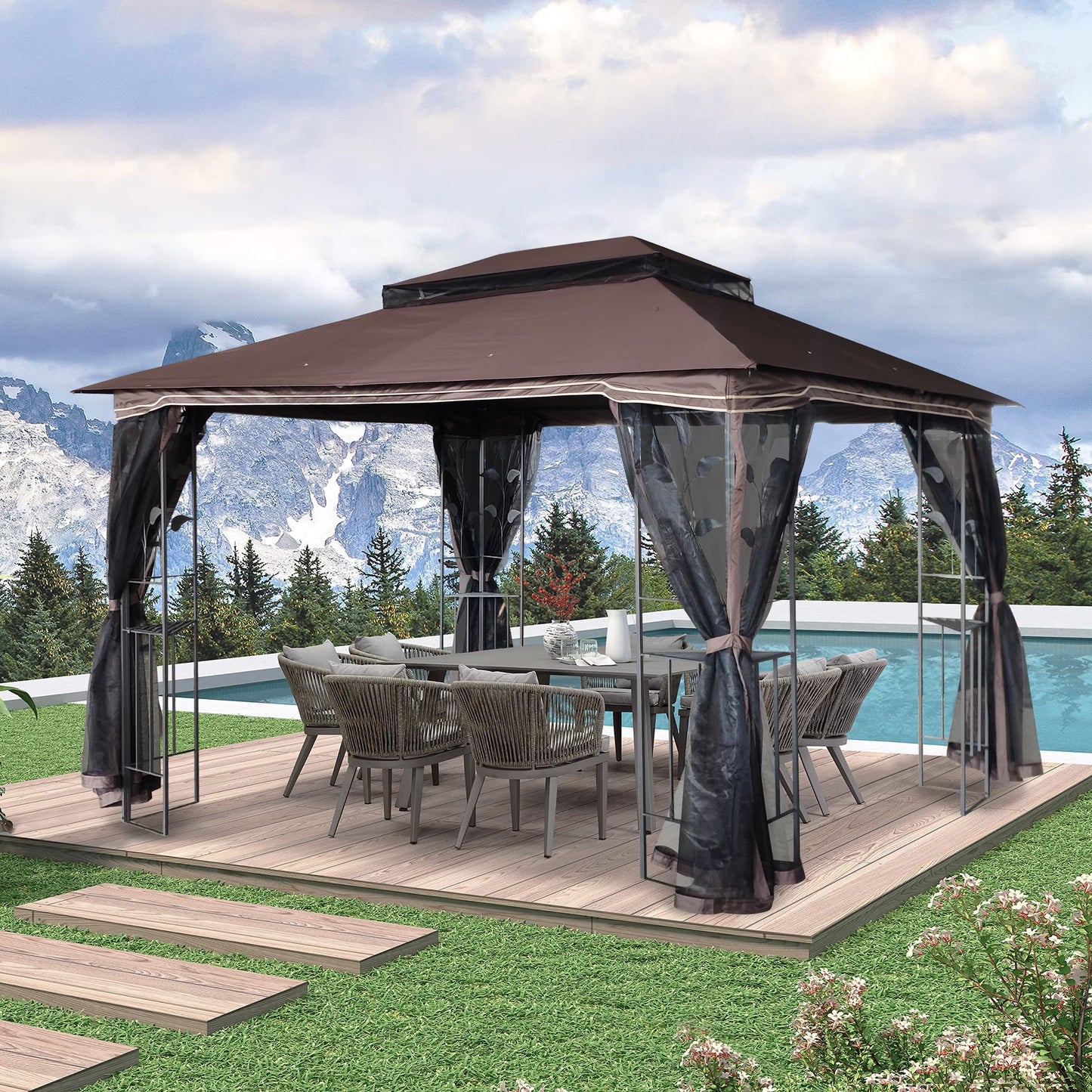 Perfect Garden 13x10ft Patio Gazebo, Metal Frame with Double Roof and Mosquito Net, Brown