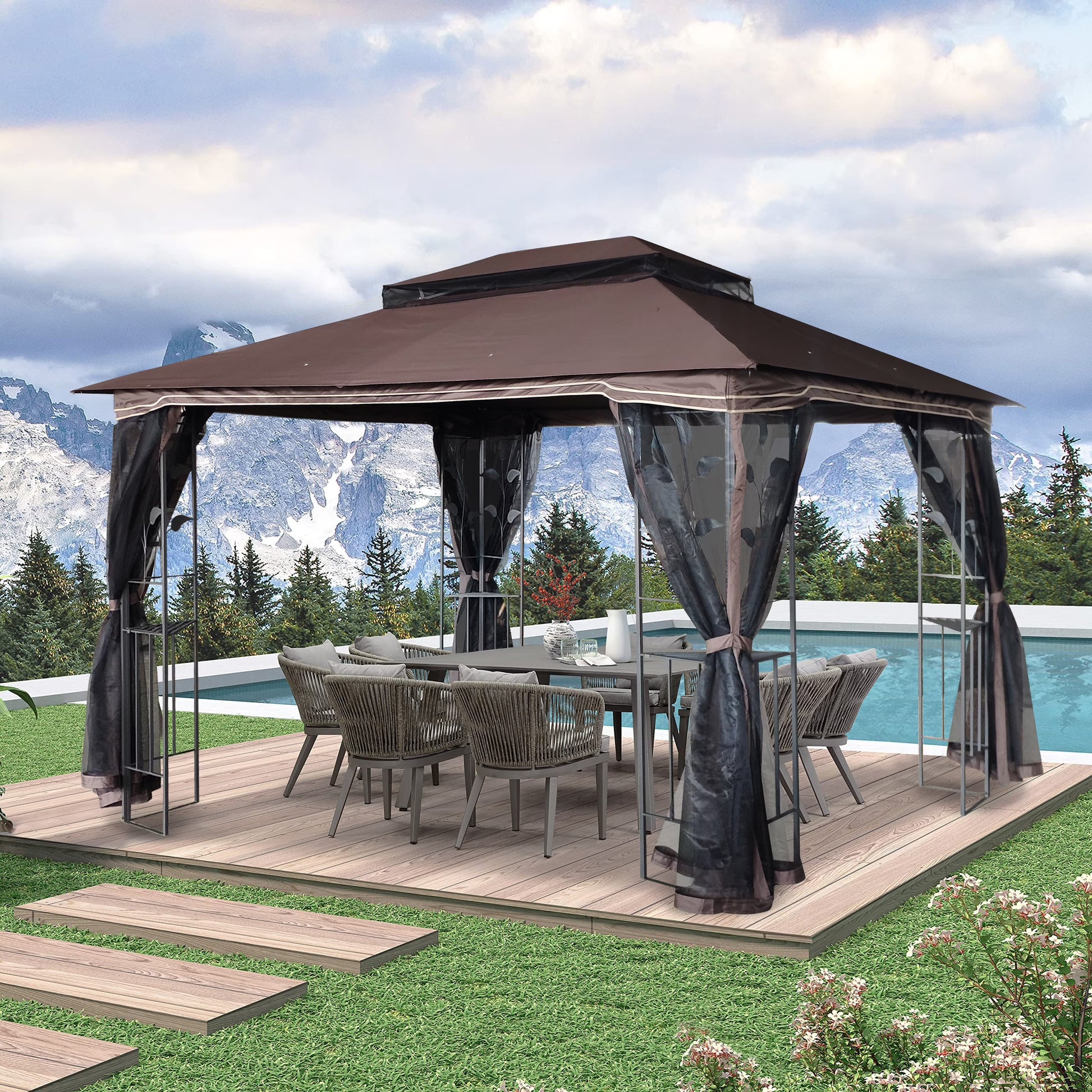 Perfect Garden 13x10ft Patio Gazebo, Metal Frame with Double Roof and Mosquito Net, Brown