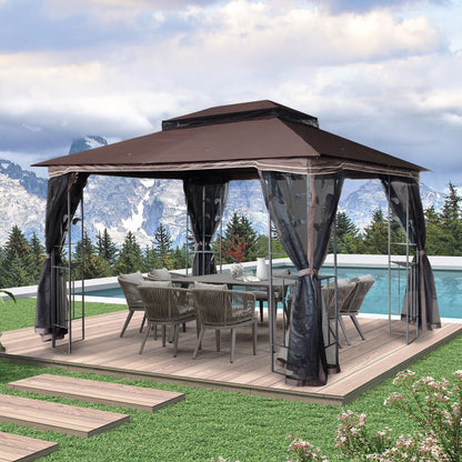 Perfect Garden 13x10ft Patio Gazebo, Metal Frame with Double Roof and Mosquito Net, Brown
