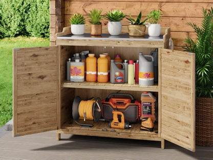 Gizoon Outdoor Potting Bench with Metal Tabletop, Outdoor Garden Patio Wooden Storage Cabinet with Adjustable Shelf, Double Doors Garden Work Bench for Backyard, Patio, Lawn - Natu