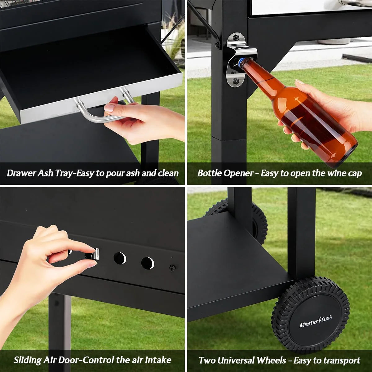 MASTER COOK Charcoal Grill with Two Side Tables, BBQ Grill for Outdoor Picnic Backyard Patio and Parties, Black