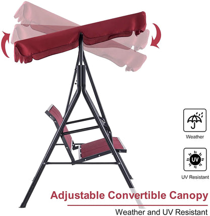 Mcombo Outdoor 3 Person Patio Canopy Swing Chair, Porch Swing, Burgundy