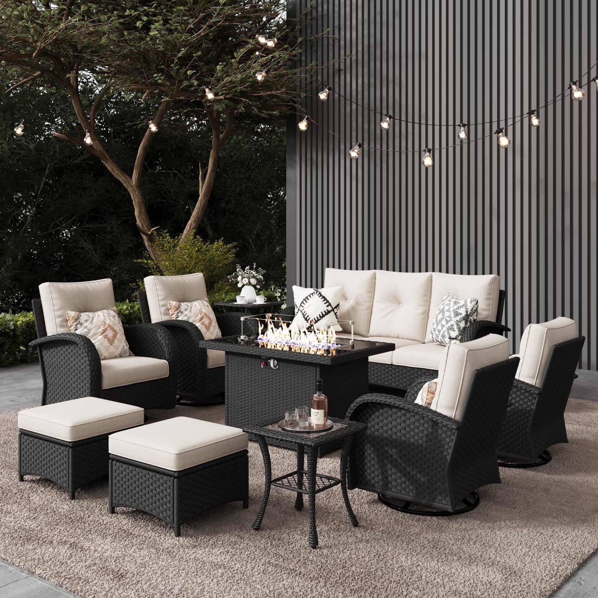 LayinSun 7 Pieces Outdoor Patio Furniture Set with Fire Pit Table, Rattan Wicker Sectional Swivel Rocker Chairs Sets