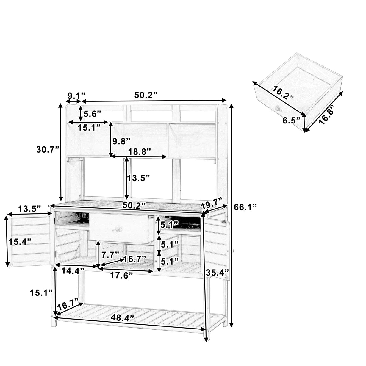 Garden Potting Bench Table with Hutch, Patio Storage Workstation with Adjustable Shelves, 1 Drawer, 2 Cabinets and 3 Side Hooks for Mudroom, Doorway, White