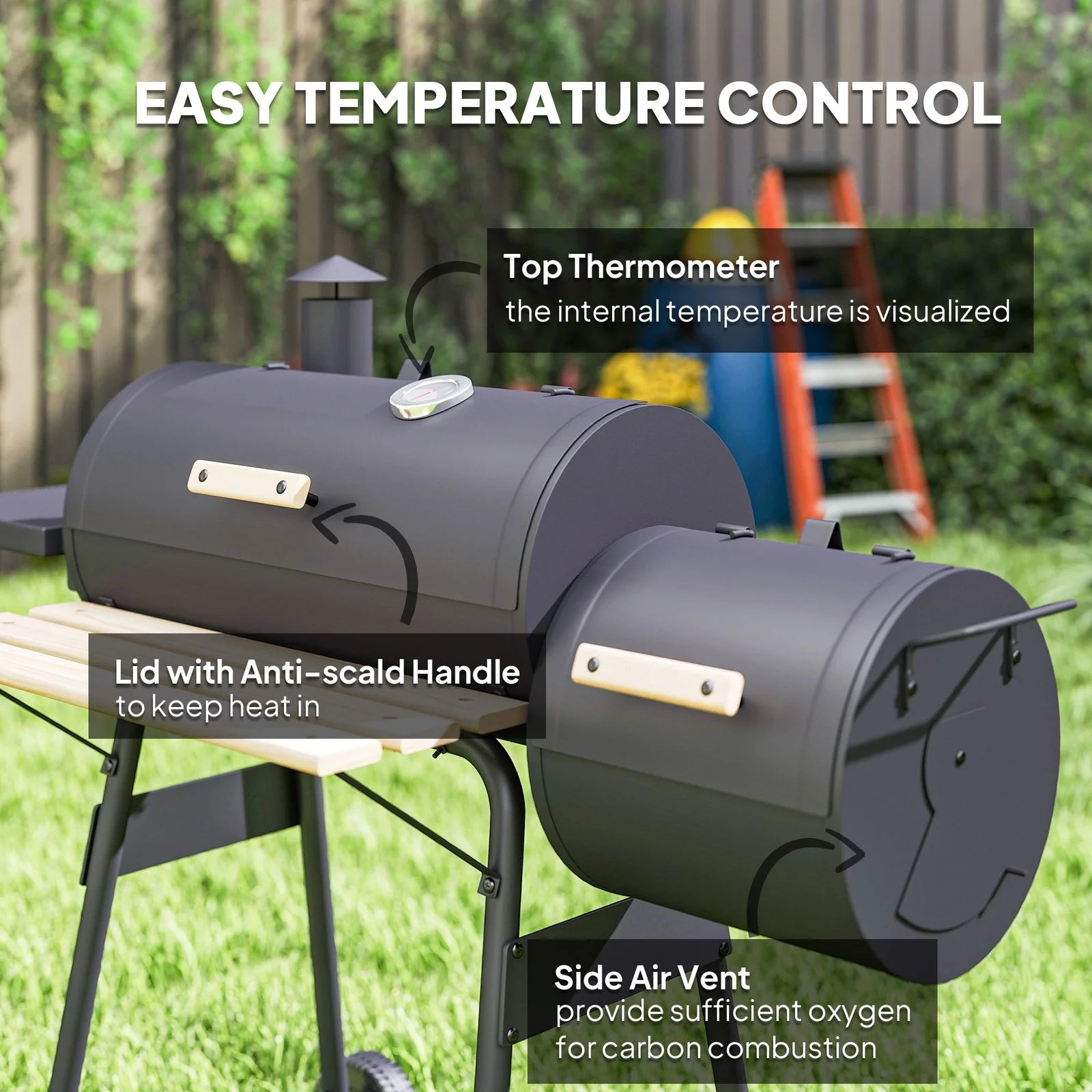 BNDFTF Black Multifunctional Charcoal Grill, Offset Smoker & BBQ Combo, with Front/Side Shelves, Lid Thermometer & Wooden Heat-Resistant Handles, for Outdoor Patio