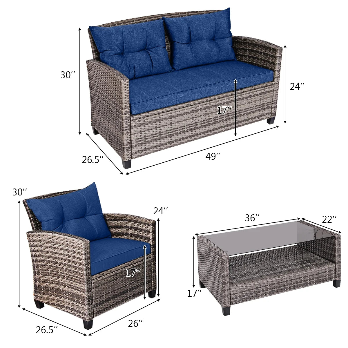 Gymax 4PCS Rattan Furniture Set Coffee Table Cushioned Sofa Garden Lawn Patio Navy