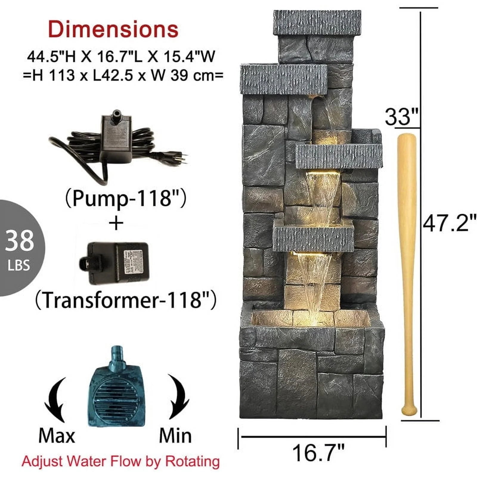 44.5 Inches Modern Fountain 4 Tired Floor Standing Outdoor Fountain with Lights Pump for Garden Patio Backyard Porch Home Art Decor