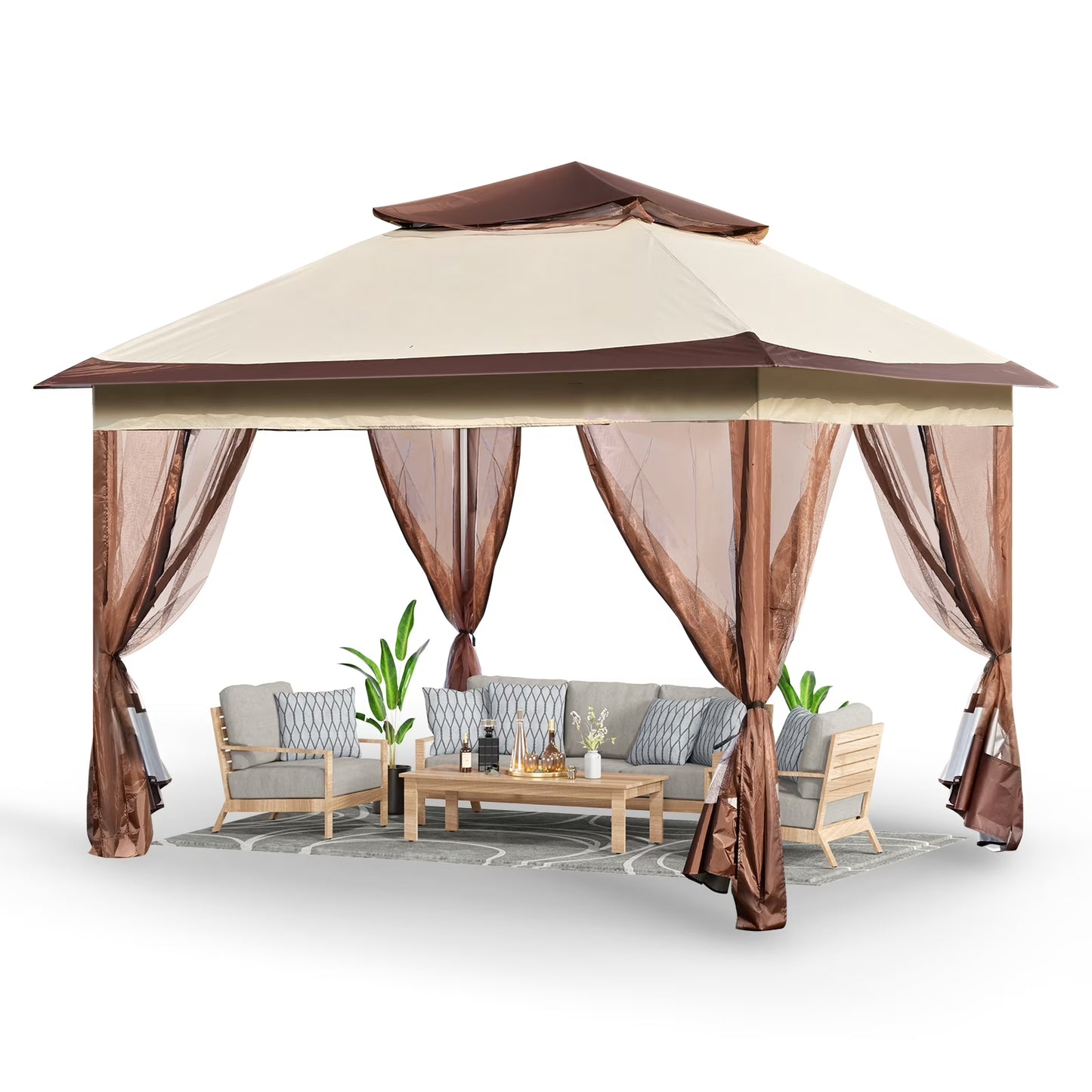 KFFKFF Patio Gazebo 11 x 11 FT Pop up Gazebo Tent for 8-10 Person, UPF 50+ protection, Wind and Rain Resistance, Effective Bug Control, PU Coated 250D Oxford Cloth, Outdoor Canopy Shelter