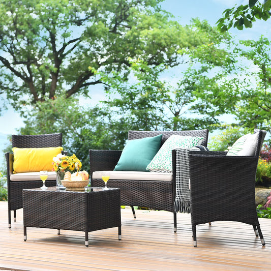 Gymax 4PCS Patio Rattan Outdoor Furniture Set w/Cushioned Chair Loveseat Table