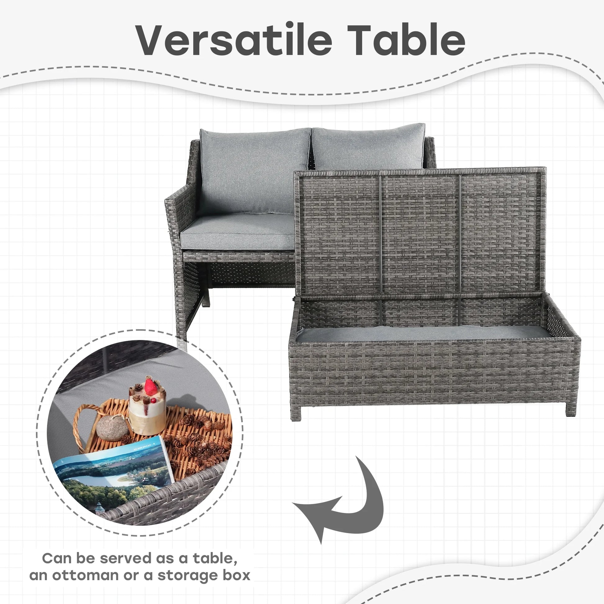 Outdoor Wicker Love Seat and Coffee Table Set, Weather Resistant Grey Rattan, Patio Furniture with Gray Cushions & Storage Bin