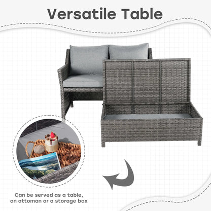 Outdoor Wicker Love Seat and Coffee Table Set, Weather Resistant Grey Rattan, Patio Furniture with Gray Cushions & Storage Bin