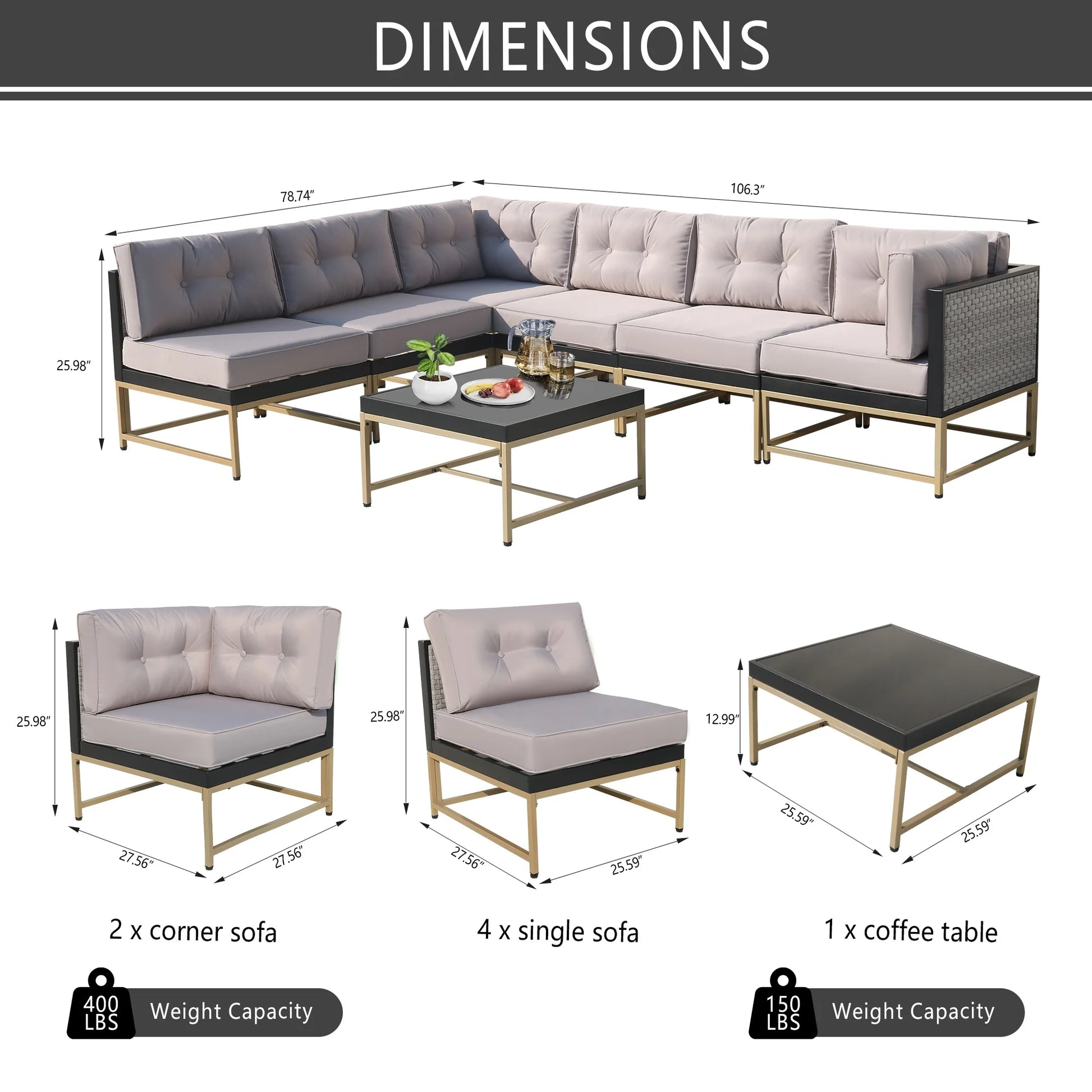 7 Pieces Patio Funiture Set, Outdoor Furniture Sectional Sofa Set,Manual Wicker Rattan Patio Conversation Set Heavy-duty Frame, with Cushions and Table, Gray