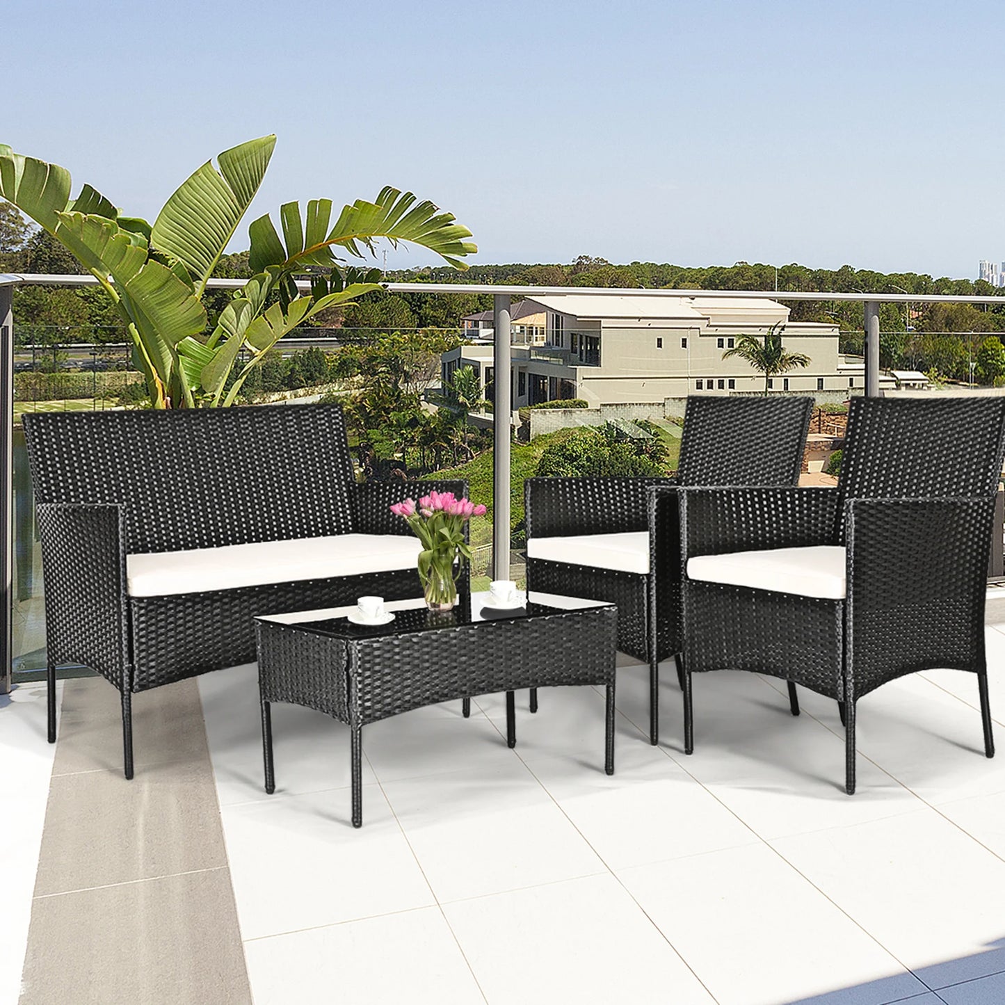 Gymax 4PCS Patio Rattan Conversation Set Outdoor Furniture Set w/Cushion