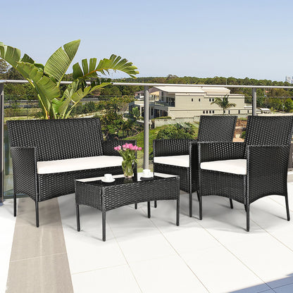 Gymax 4PCS Patio Rattan Conversation Set Outdoor Furniture Set w/Cushion