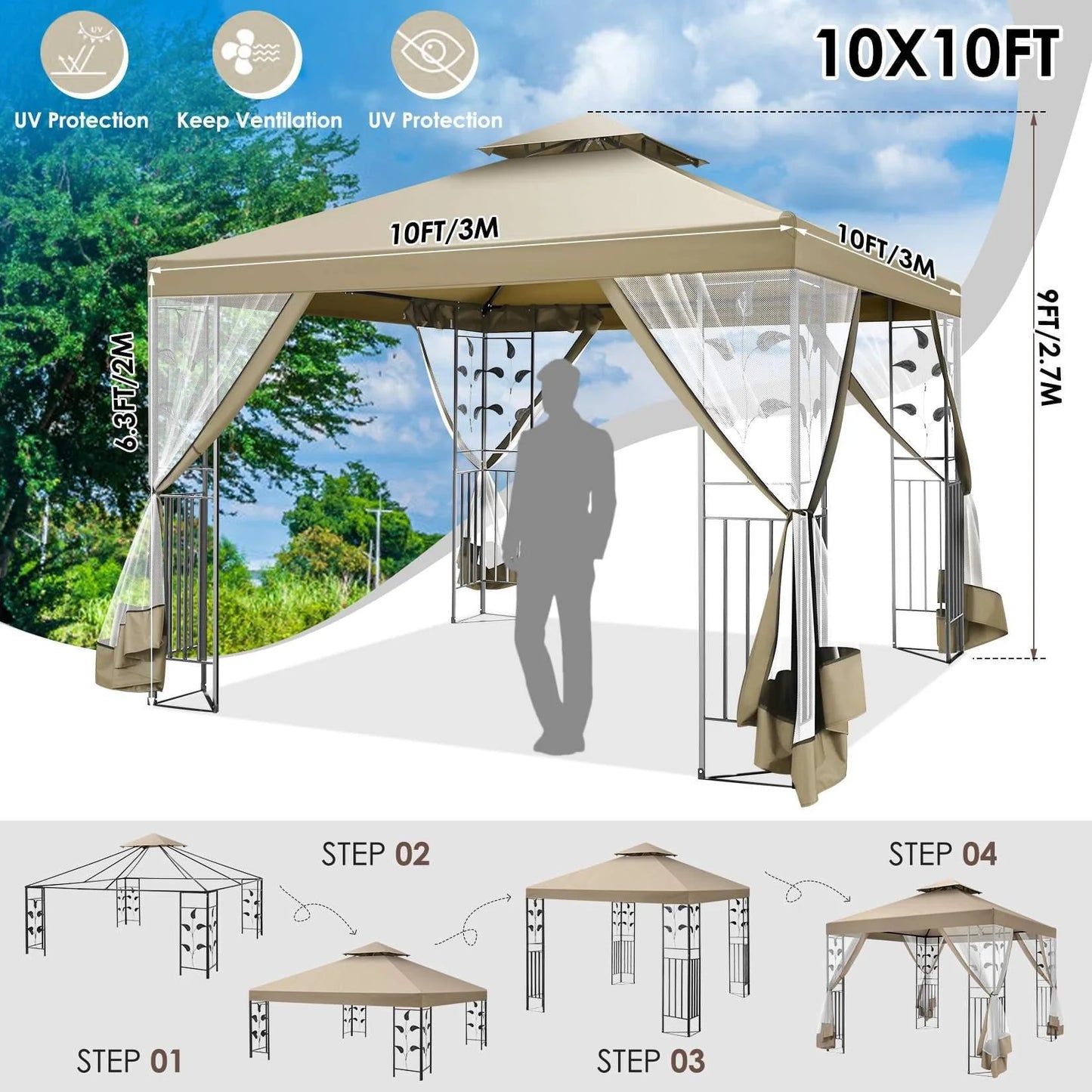 SANOPY 10'x 10' Metal Patio Gazebo, Outdoor Gazebo Canopy Tent for Backyard with Mesh Privacy Curtains, Gazebos Shelter with Display Shelves, Steel Frame, Patio Covers for Shade and Rain