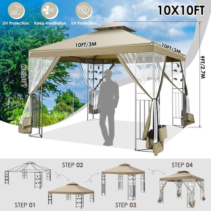 SANOPY 10'x 10' Metal Patio Gazebo, Outdoor Gazebo Canopy Tent for Backyard with Mesh Privacy Curtains, Gazebos Shelter with Display Shelves, Steel Frame, Patio Covers for Shade and Rain